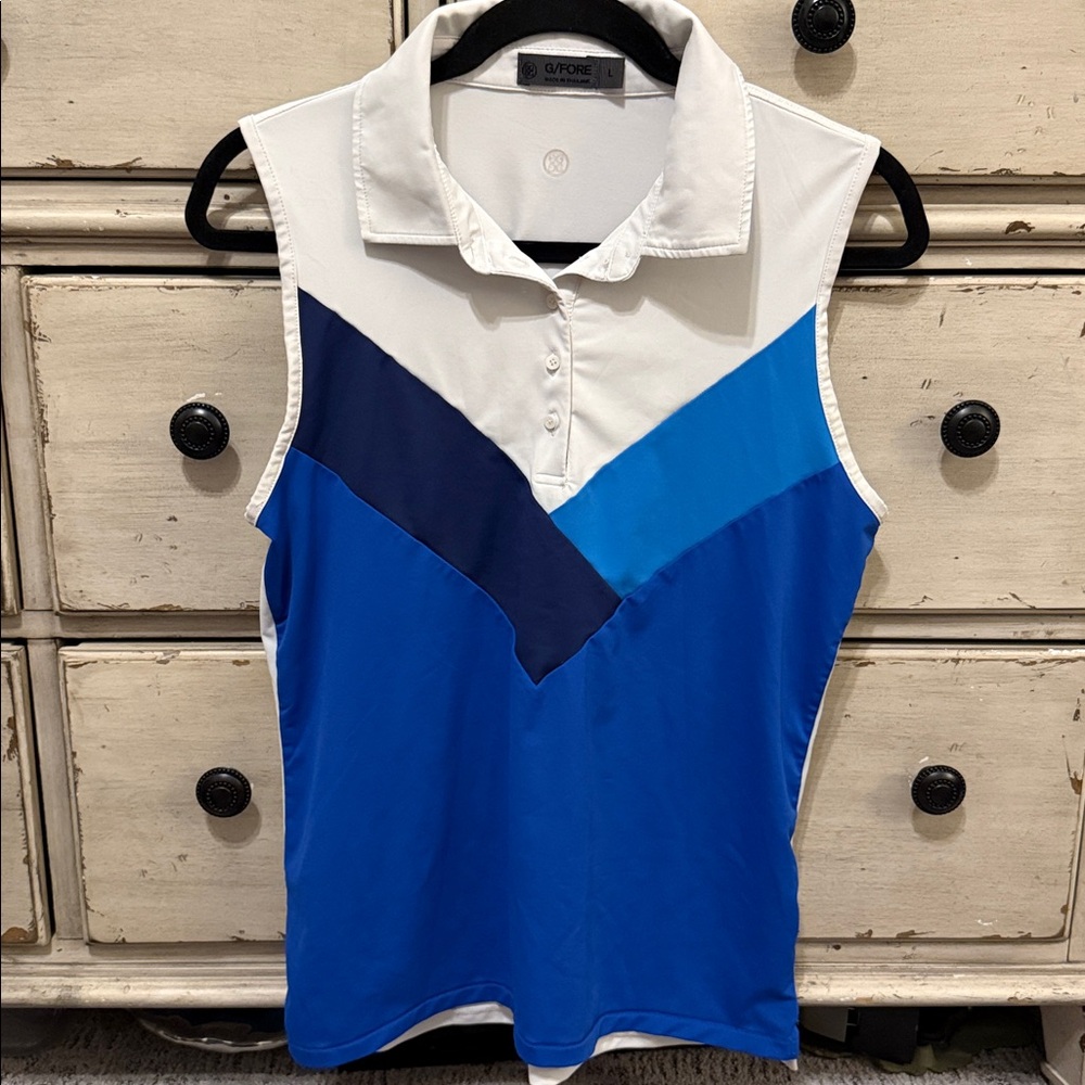 G/Fore Womens Multi V Sleeveless Polo Top L Snow/Blue Golf Shirt GFore